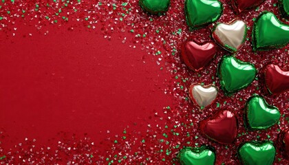 Shiny heart shaped decorations and colorful confetti scatter across a rich red background surface
