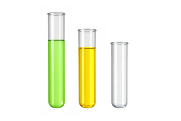 Test tubes holding green and yellow liquid, one empty, chemical research and laboratory experiment concept on transparent background