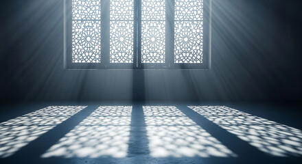 Sunlight streams through ornate windows onto a serene floor in a tranquil architectural space viewed from a central perspective