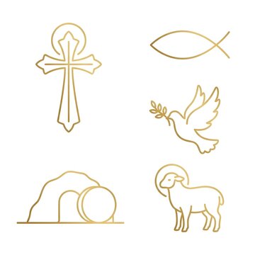 Set of Golden Christian Line Art Icons Including Cross Dove and Lamb