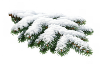 Pine branch covered with white snow, frozen needles creating a festive winter holiday and christmas season atmosphere