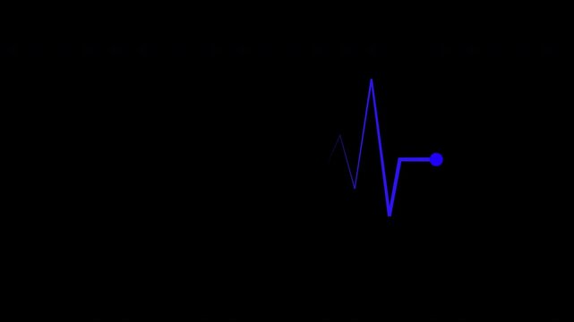 Cardiogram recording animation with blue ECG line ending in flat heartbeat signal on black background. Digital heart monitor visualization for medical technology, healthcare interface, and clinical di