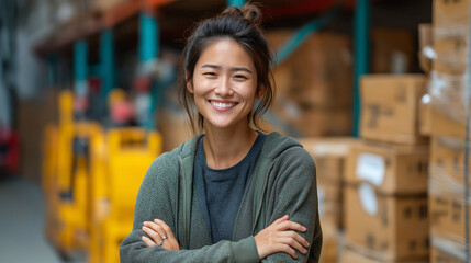 Smiling Female Warehouse Worker Portrait: Promoting Positivity and Female Empowerment in Logistics Industry