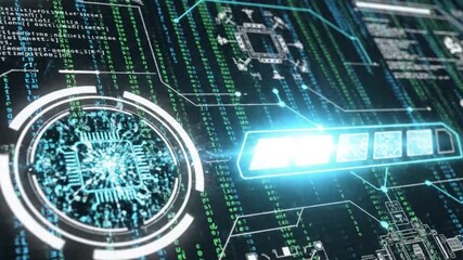 Futuristic digital circuit board with glowing blue lines and microchip on a dark background with green and blue code - Powered by Adobe