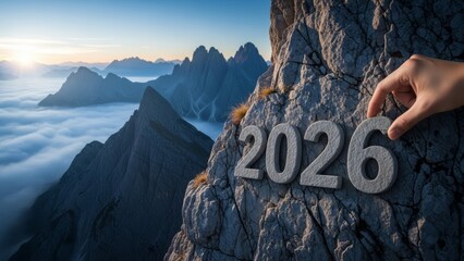 Hand placing number &ldquo;6&rdquo; to complete &ldquo;2026&rdquo; made of stone on a mountain cliff
