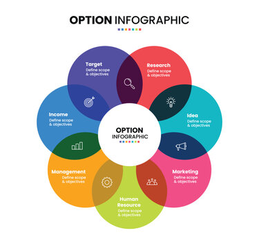 7 step, option, part or process circle wheel venn diagram infographic design