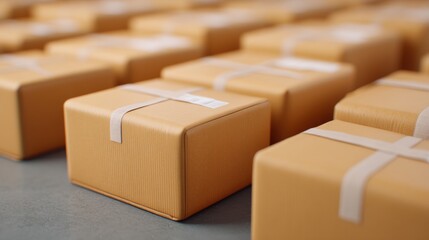 Cross border trade, A close-up view of neatly arranged brown packages, each tied with a white ribbon, showcasing an organized and efficient shipping environment.
