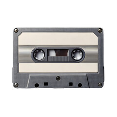 Obraz premium A 3D rendering of a vintage cassette tape with a transparent background. The cassette is depicted in a metallic gray color with a beige label area.