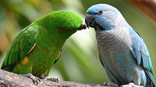 Two colorful parrots touching beaks on a tree branch in a natural setting