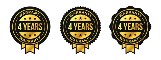 4 years warranty logo set with golden ribbon and stars in circle vector illustration. For icon, sign, symbol, badge, stamp, seal, label, shield, stickers, certificate, seal, lifetime, illustration