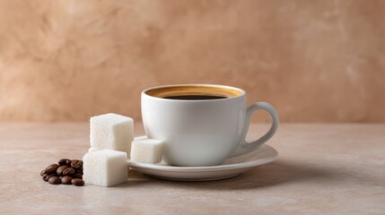 Freshly Brewed Coffee in White Cup with Sugar Cubes and Coffee Beans on Neutral Background for Food and Beverage Stock Photo Use