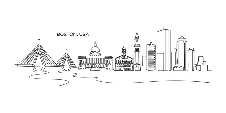 Boston, USA City Skyline Continuous Line Art with Zakim Bridge and Landmarks