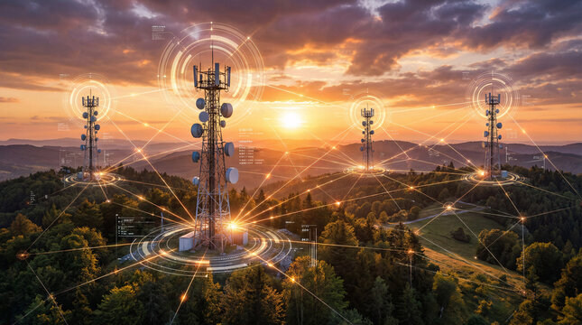 Telecommunication towers transmitting signals over landscape at sunrise, representing mobile connectivity, wireless communication, network coverage and digital infrastructure.