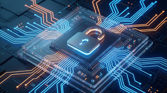 Digital security lock embedded in computer chip, representing data protection, cyber safety, encryption technology and information security systems.