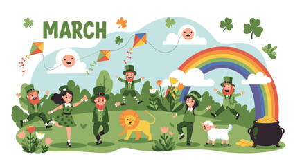 Obraz premium Vibrant illustration of St. Patrick's Day celebration with leprechauns and rainbow in a lush green landscape viewed from above