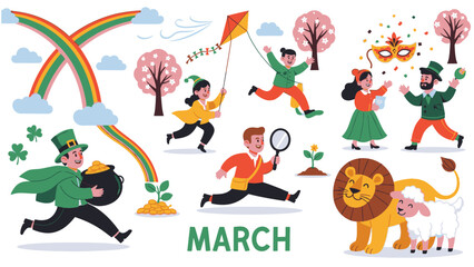 Vibrant celebration of March festivities with people, rainbow, and lion in a lively atmosphere