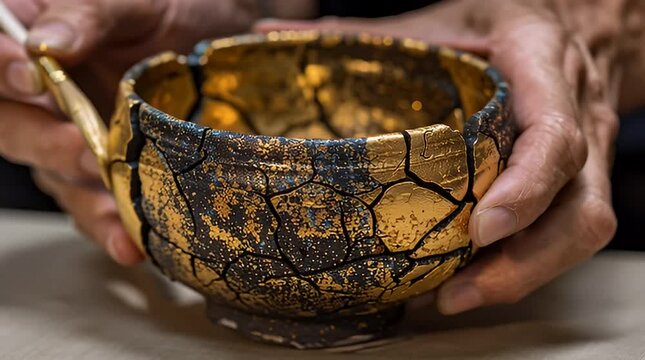 Masterful hands mend a broken pottery bowl with gleaming gold, highlighting the profound beauty and enduring spirit of traditional craft
