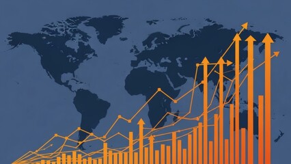 Global business growth chart with rising arrows on world map background