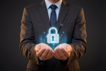 Professional businessman holding a glowing digital padlock representing data security