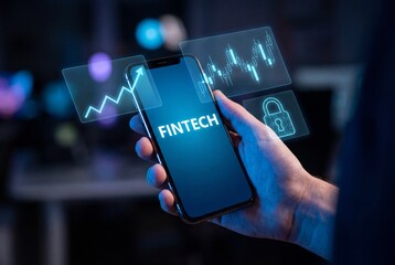 Hand holding mobile phone displaying fintech text with glowing holographic charts and security icon