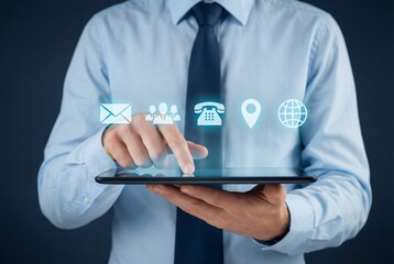 Businessman using digital tablet with contact communication icons for customer support concept