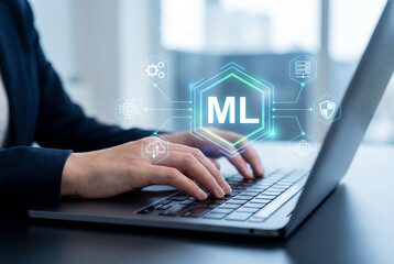 Close up hands typing on laptop computer with ML machine learning holographic technology interface