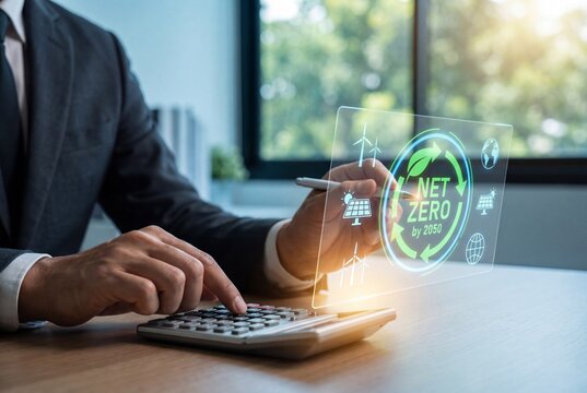 Businessman using calculator for net zero carbon neutrality goals with virtual sustainability screen - Powered by Adobe