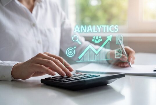 Woman using calculator with glowing digital analytics interface and business growth graph hologram - Powered by Adobe