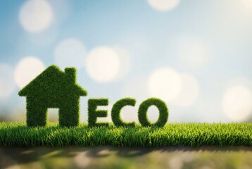Green grass house symbol and word eco standing on lawn under blue sky for sustainability concept