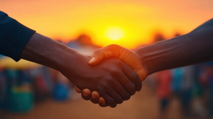 Cross border trade, Two hands shake against a vibrant sunset background, symbolizing unity, agreement, and collaboration in a warm, inviting atmosphere.