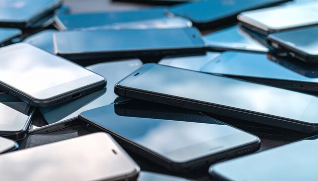 無造作に置かれたたくさんのスマートフォンのイメージ画像
