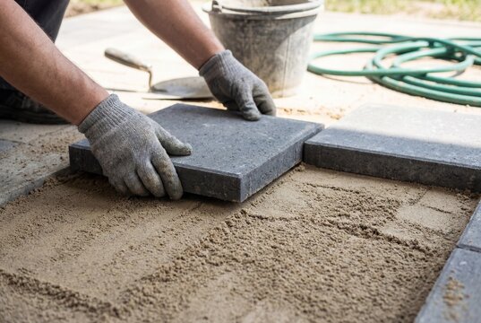 Professional builder hands laying grey stone pavers on prepared sand foundation outdoors