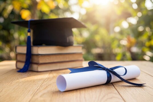 Rolled diploma with blue ribbon and black graduation cap on books on wooden table