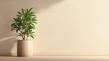 Fototapeta premium Indoor plant in simple beige pot on wooden floor against plain beige wall with soft light creating a serene and minimalist atmosphere in room