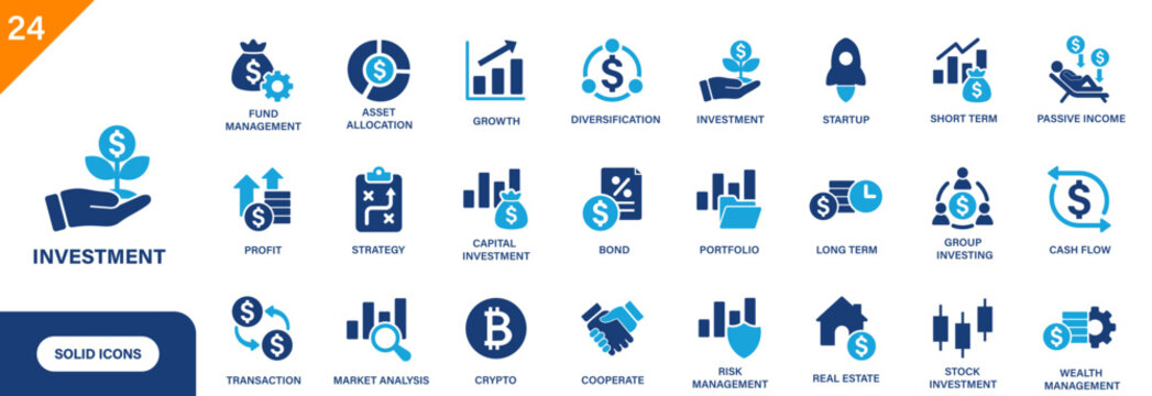 Investment icon. Including startup, bond, real estate, passive income, profit. Solid vector icon set.