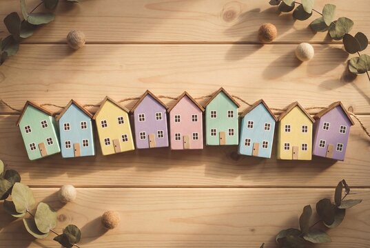 Row of colorful pastel wooden toy houses on a garland with eucalyptus leaves on wood planks