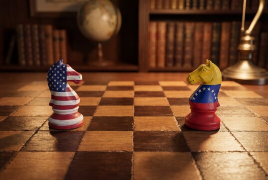 Chess knights with USA and venezuela flags facing each other on a wooden board concept of diplomacy - Powered by Adobe
