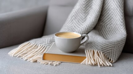 Fototapeta premium Cozy Coffee Moment with Soft Blanket and Book on Grey Sofa in Modern Living Room for Comfort and Relaxation Atmosphere