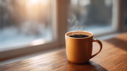 Obraz premium Cozy Morning Coffee in a Warm Mug with Steam Rising Against a Sunlit Window, Perfect for Invoking Comfort and Peaceful Moments in Daily Life