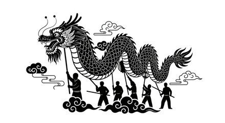 Traditional Chinese Dragon Dance Performance with Performers in Festive Attire Symbolizing Good Fortune and Celebration