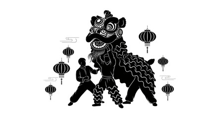 Vibrant cultural performance capturing the spirit of traditional Asian festivities with lion dance and festive lanterns, celebrating heritage and good fortune