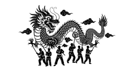 Dynamic illustration of a traditional Chinese dragon dance, with a majestic dragon soaring above a group of skilled performers celebrating a vibrant cultural festival