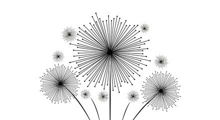 Minimalist black and white graphic design showcasing an array of stylized floral elements with radiating lines, perfect for contemporary artistic projects and sophisticated visual content