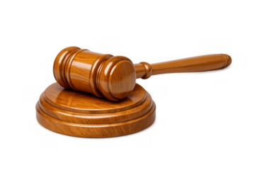 Wooden gavel and sound block symbolizing justice, law, judgment, verdict, legal authority, and judicial decision making on transparent background