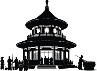 Traditional Chinese temple pavilion silhouette, cultural heritage architecture with people figures, historic religious landmark vector illustration isolated on white background