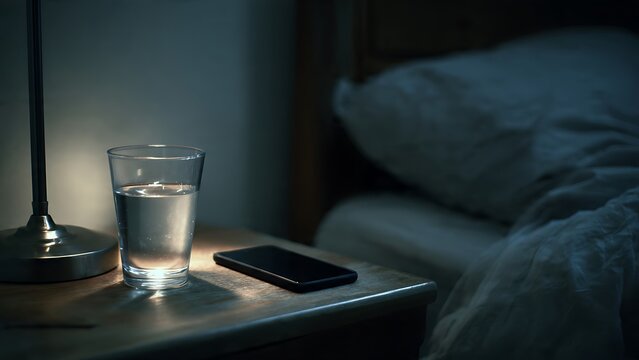 A glass of water and a smartphone on a wooden bedside table under warm lamp light. Dimly lit bedroom setting representing nighttime routine, hydration, sleep preparation, and digital detox.
