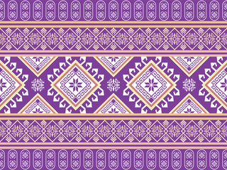 Traditional Purple and Gold Geometric Ethnic Tribal Pattern with Ornamental Folk Motifs for Textile Design, Fabric, Wallpaper, and Cultural Background