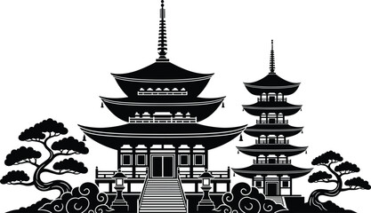 Traditional Japanese pagoda temple silhouette with garden trees, oriental architecture landmark, Zen culture inspired black and white vector illustration 