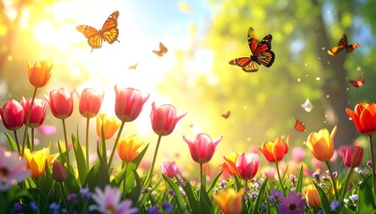 A vibrant garden scene with colorful tulips and monarch butterflies dancing in bright sunlight