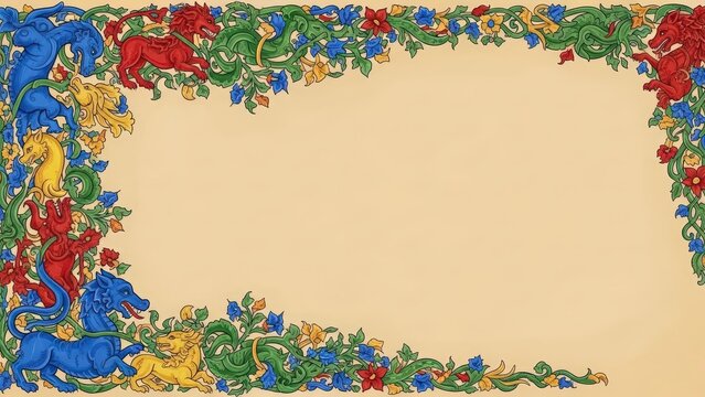 Medieval Illuminated Manuscript Border with Mythical Creatures and Floral Motifs.